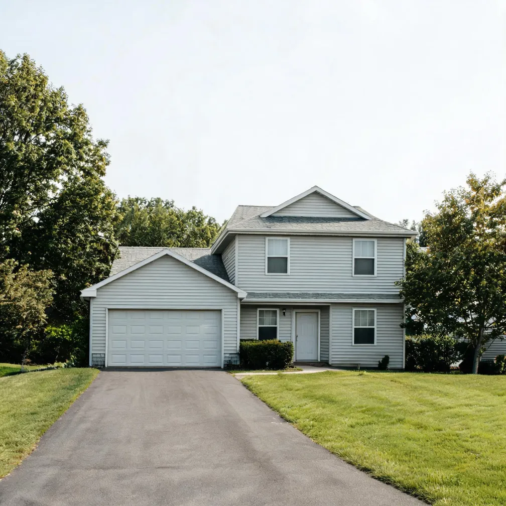A two-story light gray vinyl-sided house with an attached two-car garage, white front door and shingled roof, fronted by an asphalt driveway, mowed lawn and deciduous trees under a hazy sky.