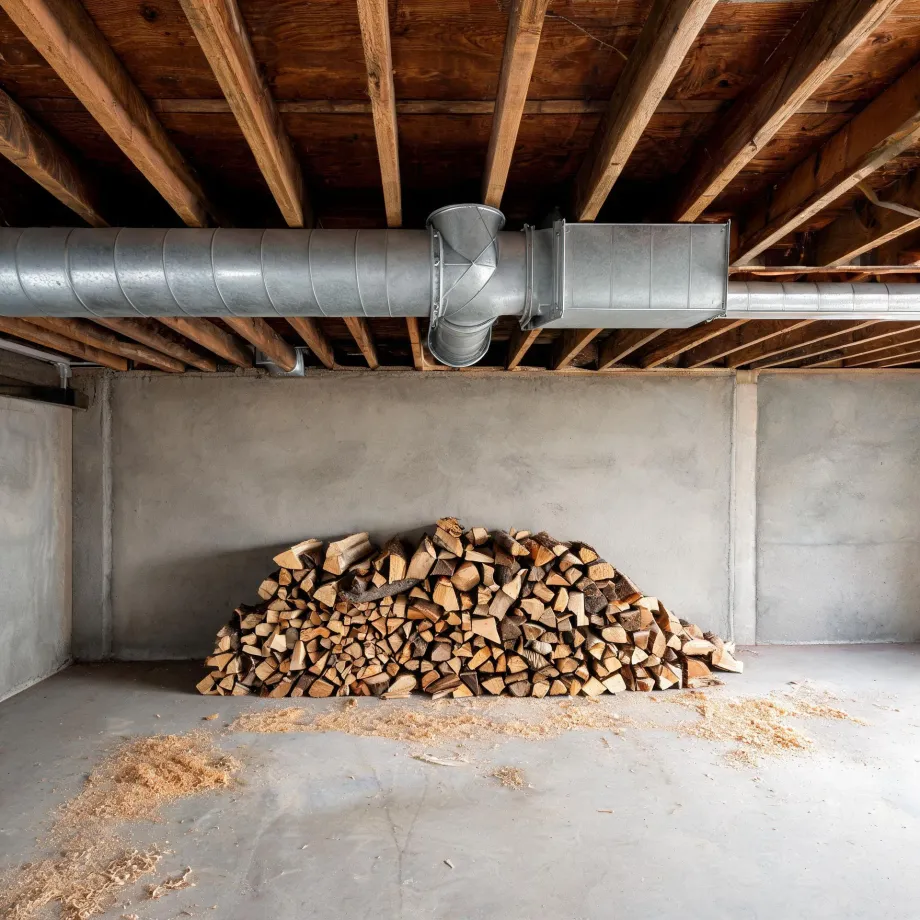 A basement with exposed wood joists and galvanized metal ductwork overhead, a concrete wall and floor, and a pile of split firewood with scattered sawdust.