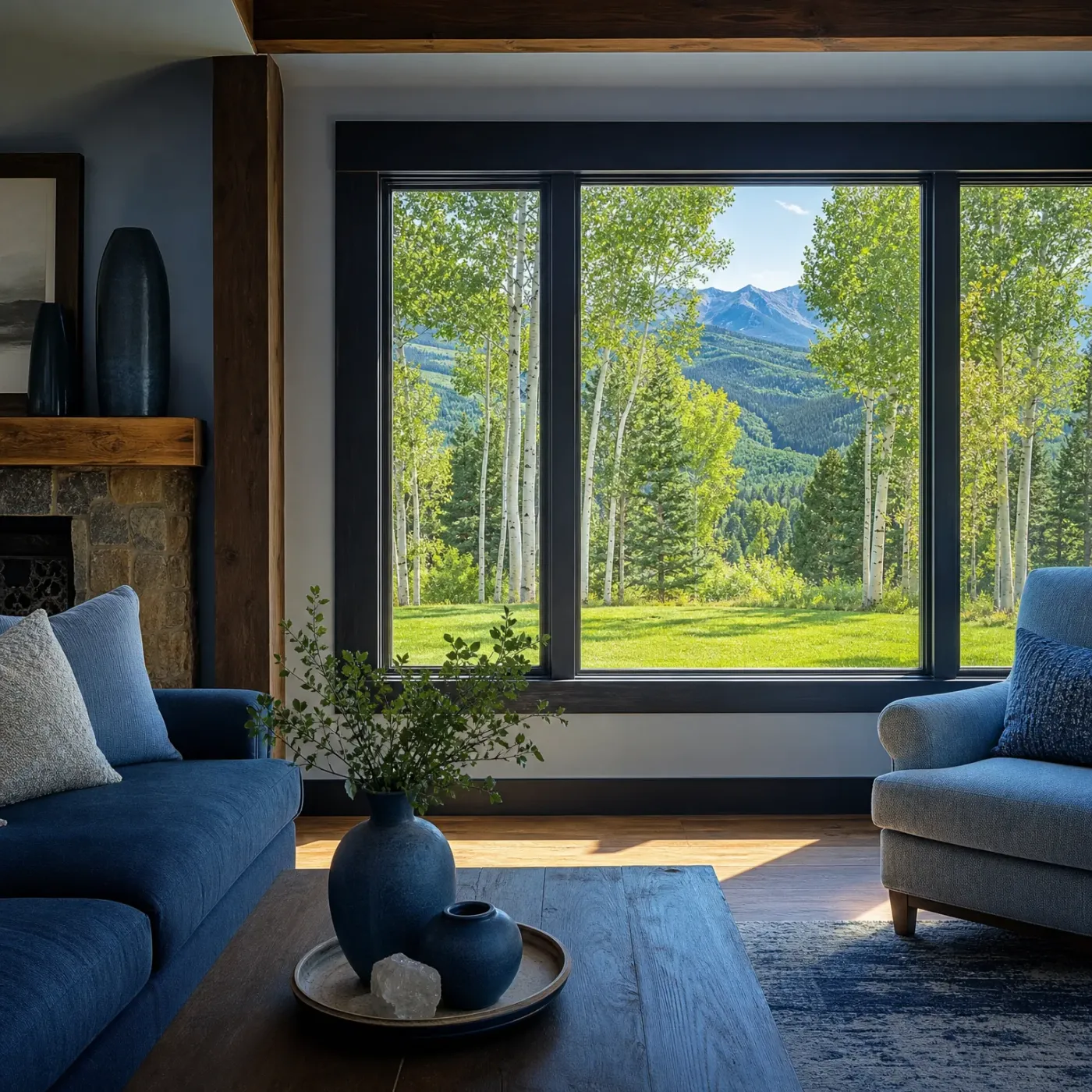A living room with a blue sofa and armchair, wooden coffee table holding dark ceramic vases and a leafy branch, and a large black-framed window showing green aspens, a lawn, forested slopes and distant mountains.