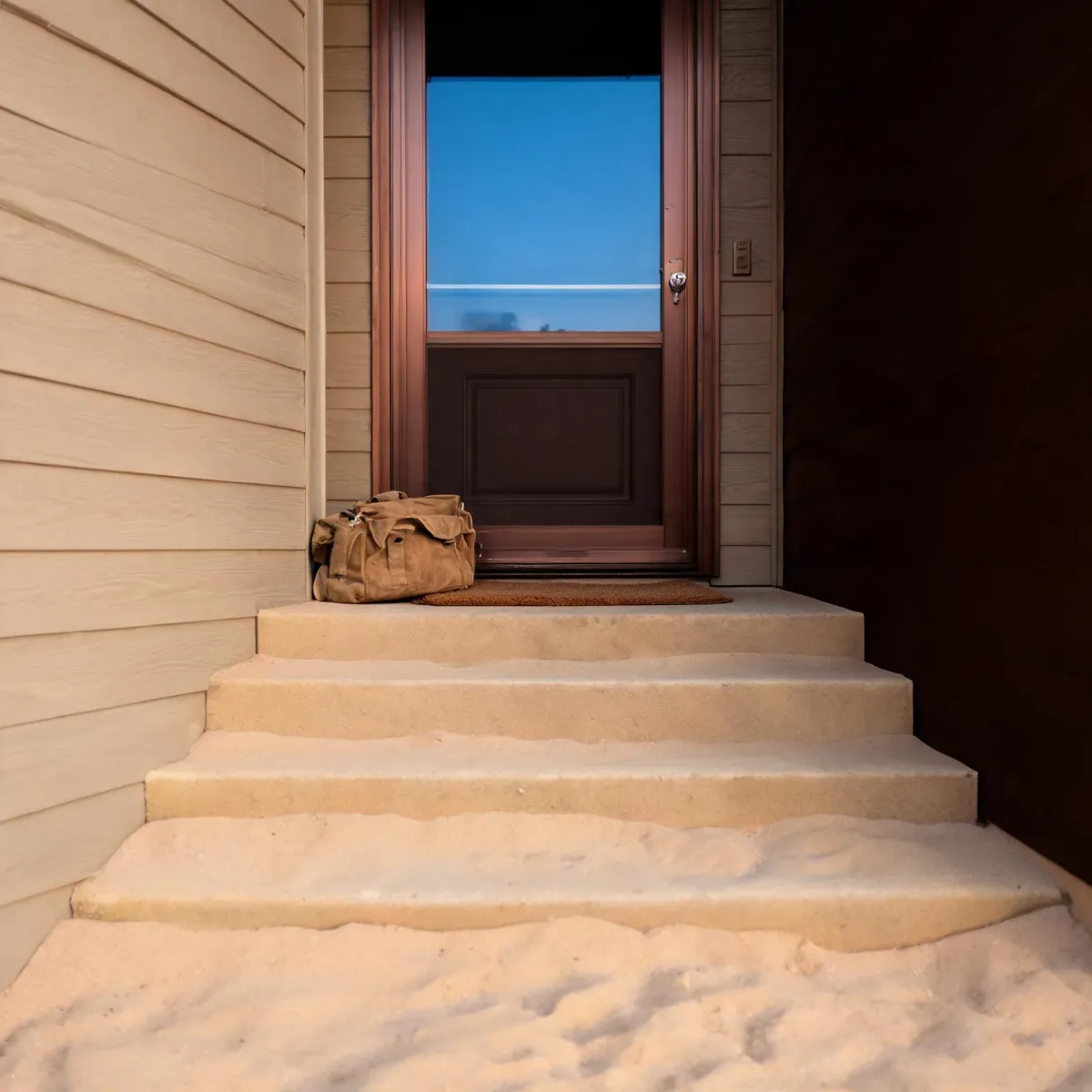 A tan canvas bag sits on a snow-dusted concrete stoop beside a doormat in front of a dark wood door with a window, flanked by light horizontal siding.