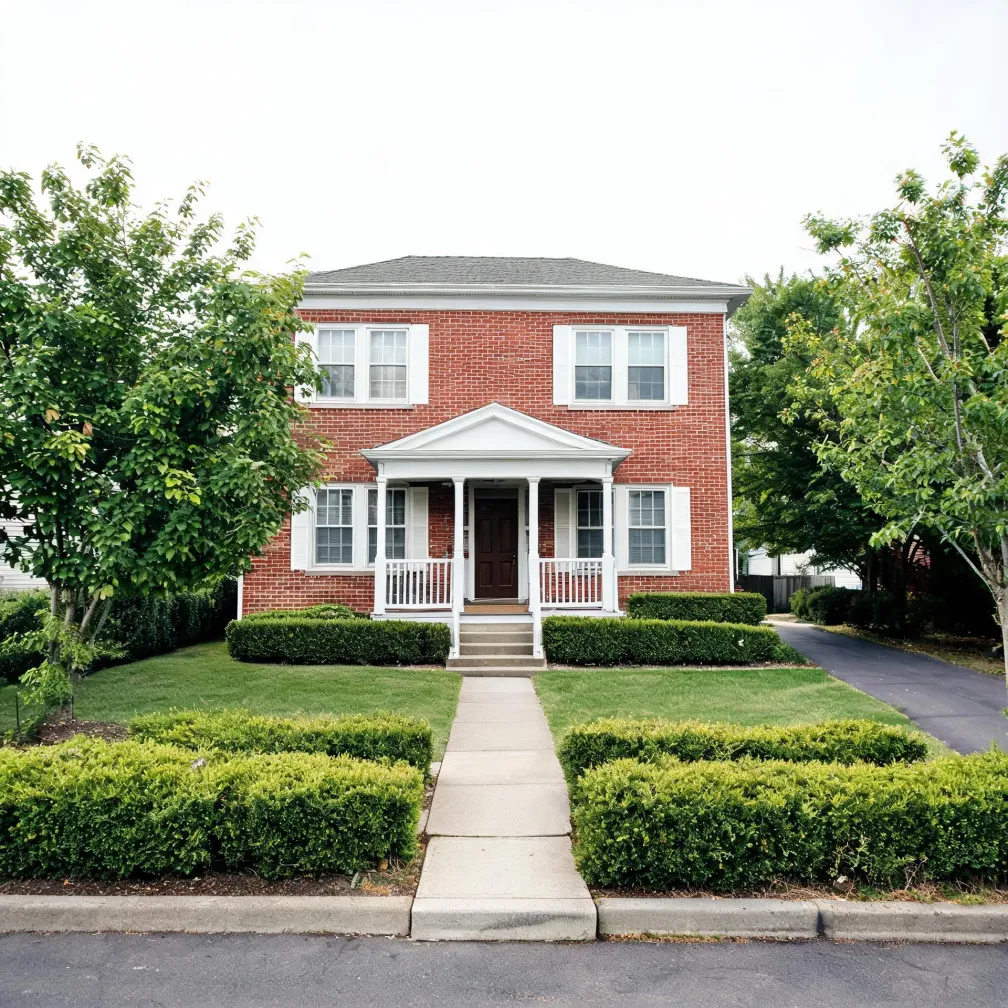 A two-story red brick house with white shutters, a small pedimented front porch, and a concrete walkway leading from the street through clipped hedges and lawn, flanked by leafy trees.