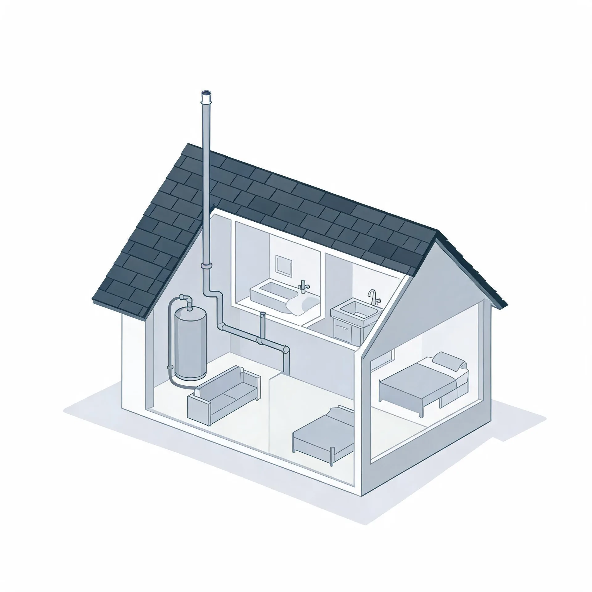 Isometric cutaway illustration of a small house showing interior rooms with a bed, sofa, bathroom fixtures and a cylindrical water heater connected to pipes and a tall flue extending above the shingled roof.