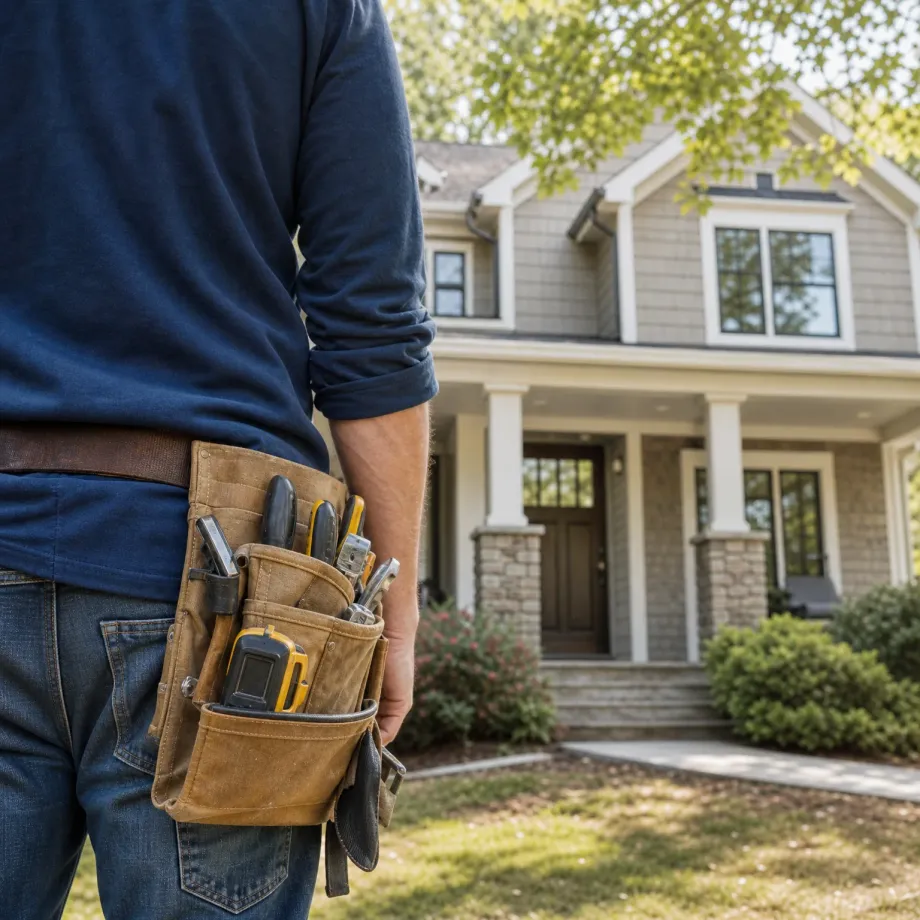 A person seen from behind wearing a navy long-sleeve shirt, jeans and a canvas tool pouch with hand tools stands on a lawn in front of a two-story house with shingle siding, a covered porch with white columns and stone bases, and a dark front door.