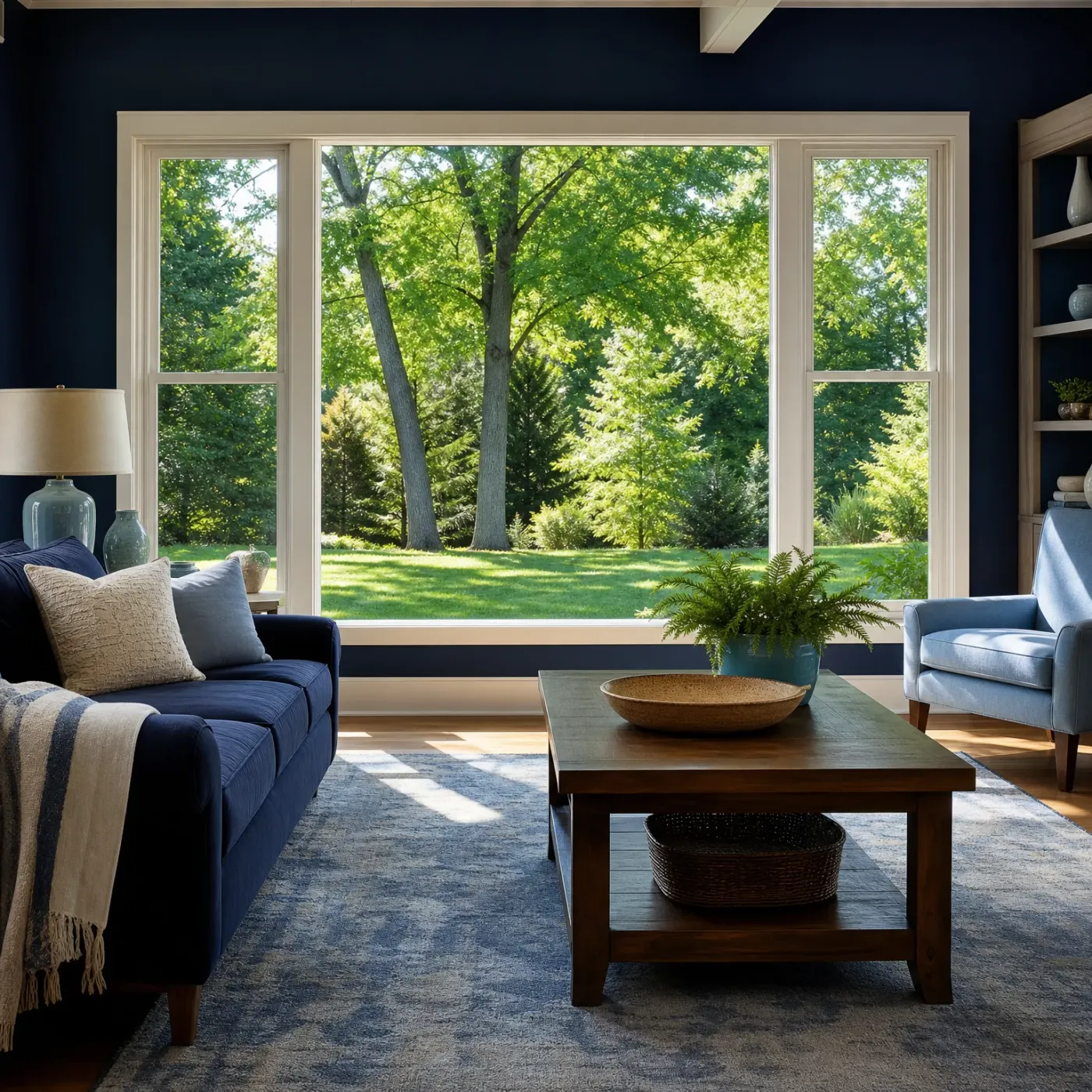 Living room with dark navy walls, a navy sofa with cushions and a striped throw, a wooden coffee table holding a bowl and potted fern, a light blue armchair, and a large white-framed window showing green trees and a lawn.
