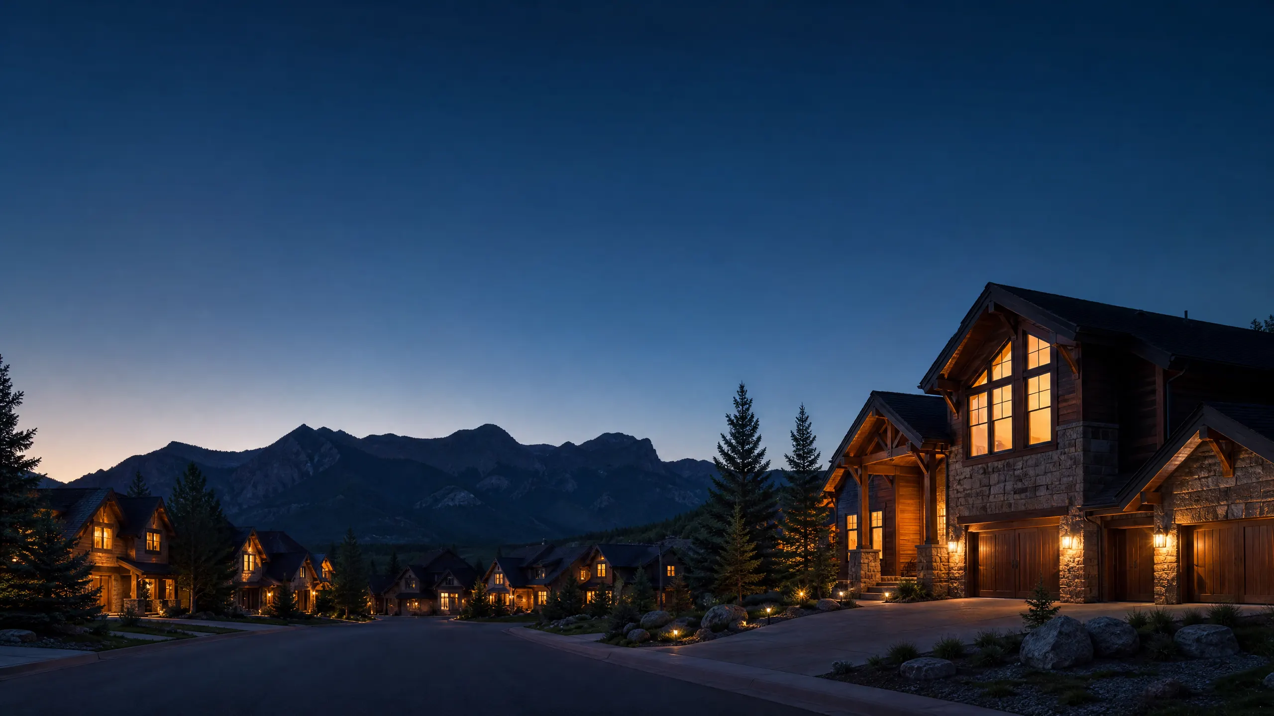 A twilight street scene featuring illuminated timber-frame and stone houses with a mountain range visible in the background.