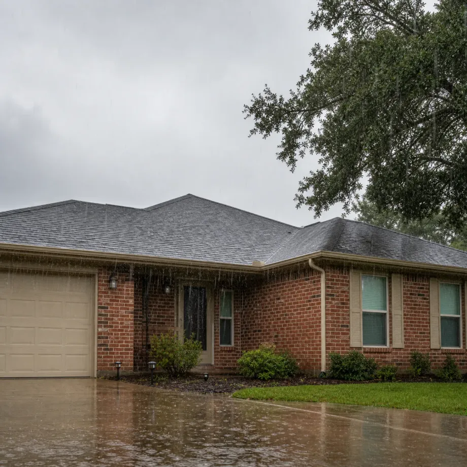 A single-story red brick house with a gray shingled roof and attached garage during heavy rain, with water streaming off the eaves onto a wet driveway and lawn.