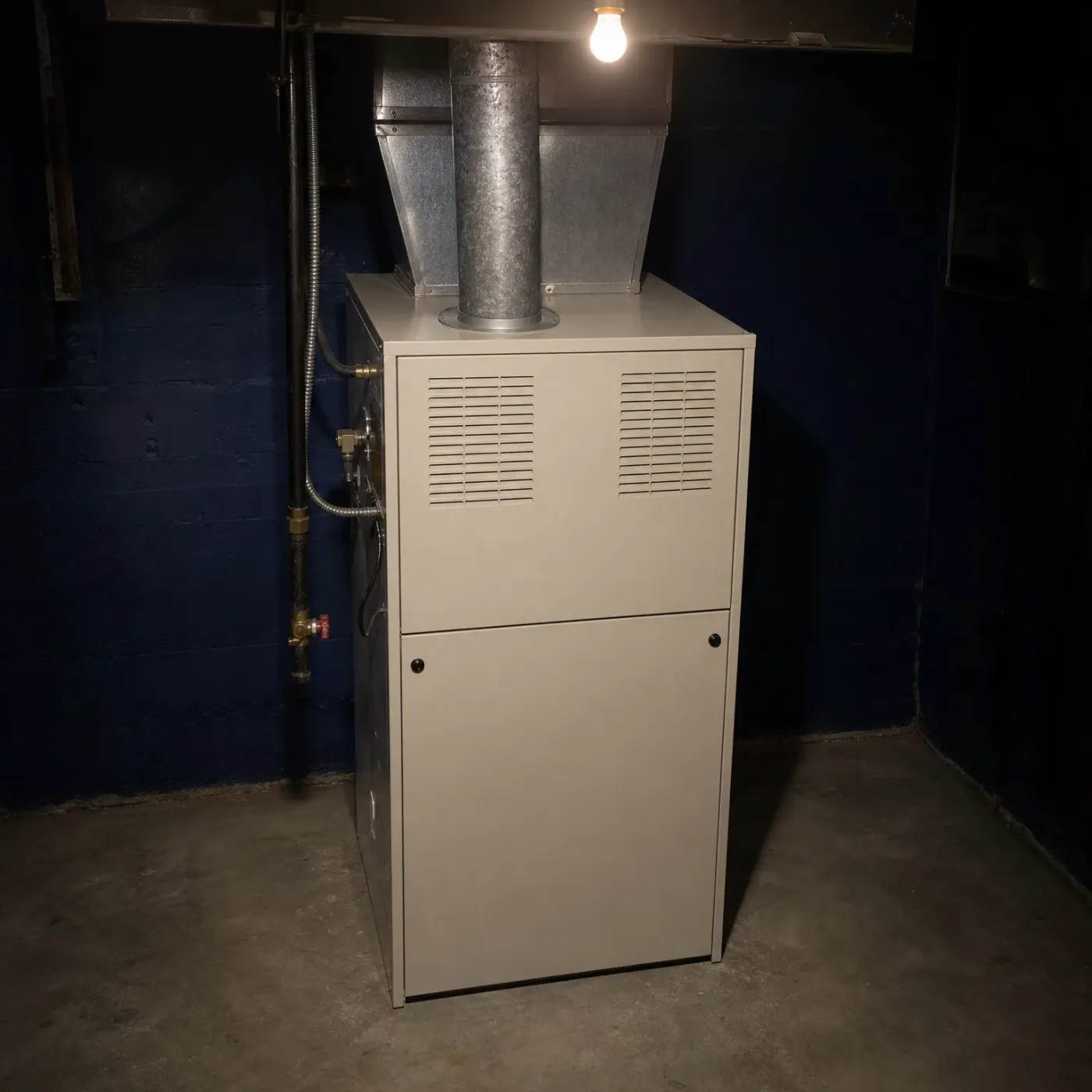 A beige furnace with louvered upper panel and metal flue duct stands against a dark blue painted block wall in a basement, with pipes at left and a bare light bulb overhead.