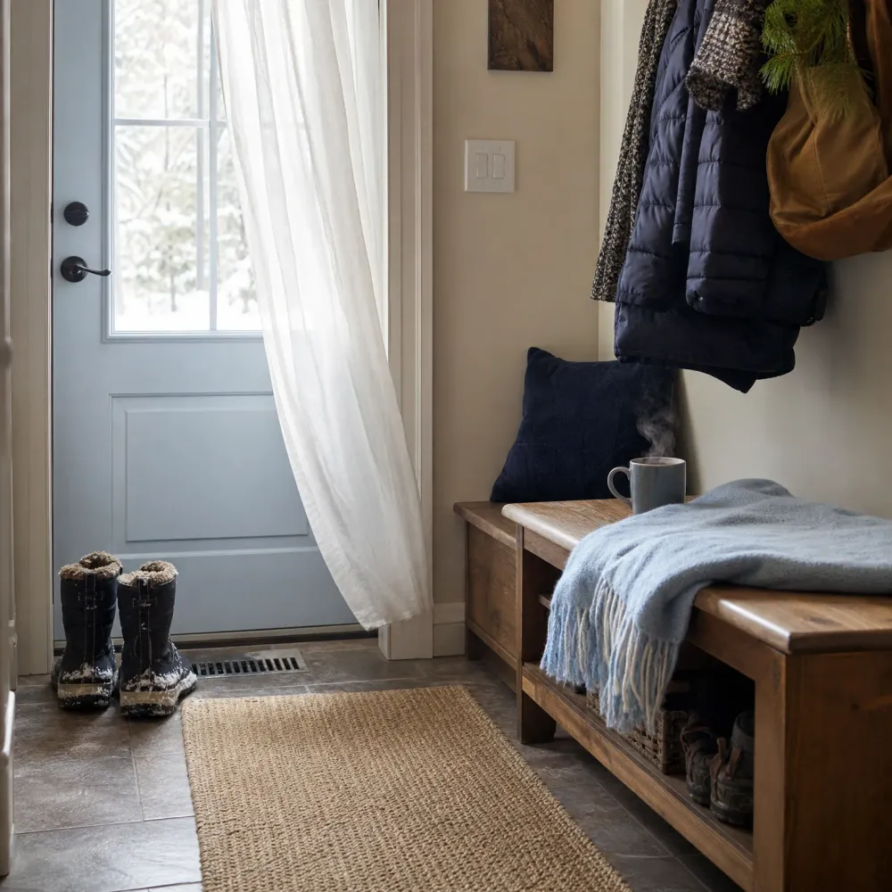 An entryway with a windowed door showing snow outside, sheer curtain, winter boots on tile, a jute runner, and a wooden bench with a blue blanket, pillow, and mug beneath hanging coats and a bag.