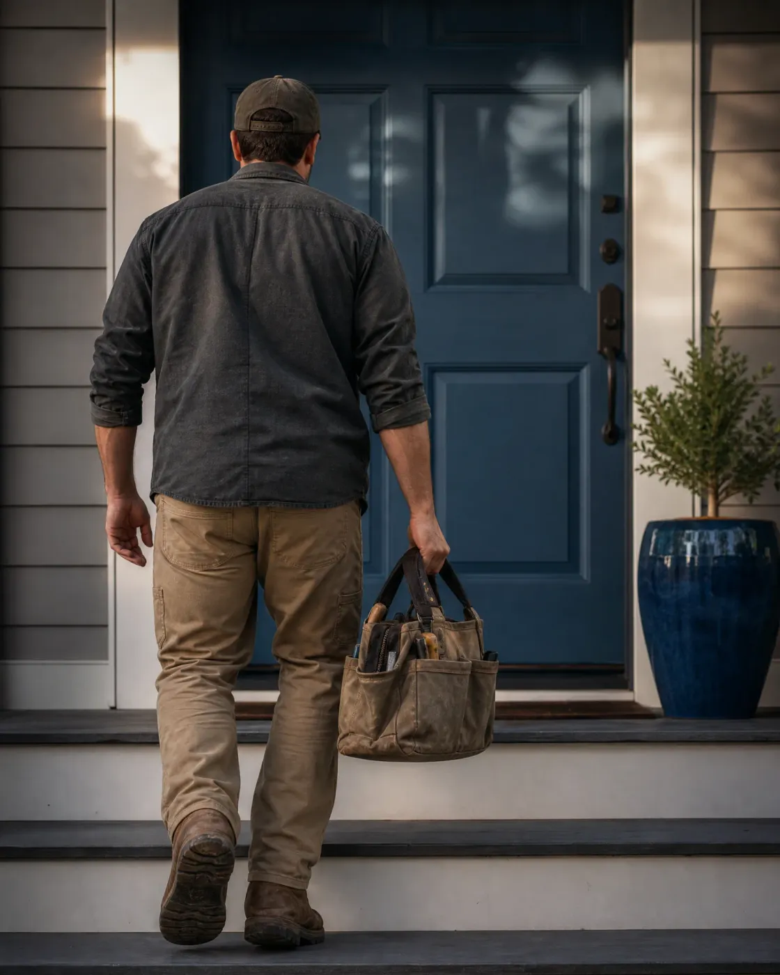 A man in a cap, dark shirt and tan work pants, seen from behind, carries a canvas tool bag up steps toward a blue front door beside a potted shrub.