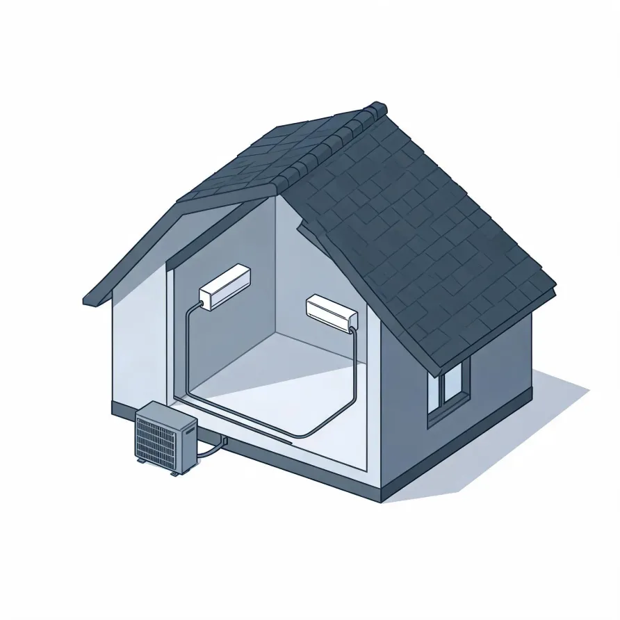 Isometric cutaway illustration of a small house with a shingled gable roof, showing two wall-mounted indoor air conditioning units connected by refrigerant lines to an outdoor condenser unit on the ground outside.