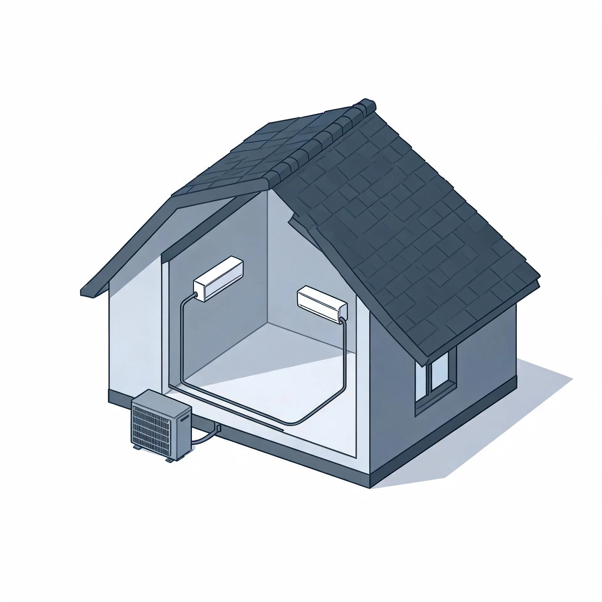 Isometric cutaway illustration of a small house with a shingled gable roof, showing two wall-mounted indoor air conditioning units connected by refrigerant lines to an outdoor condenser unit on the ground outside.