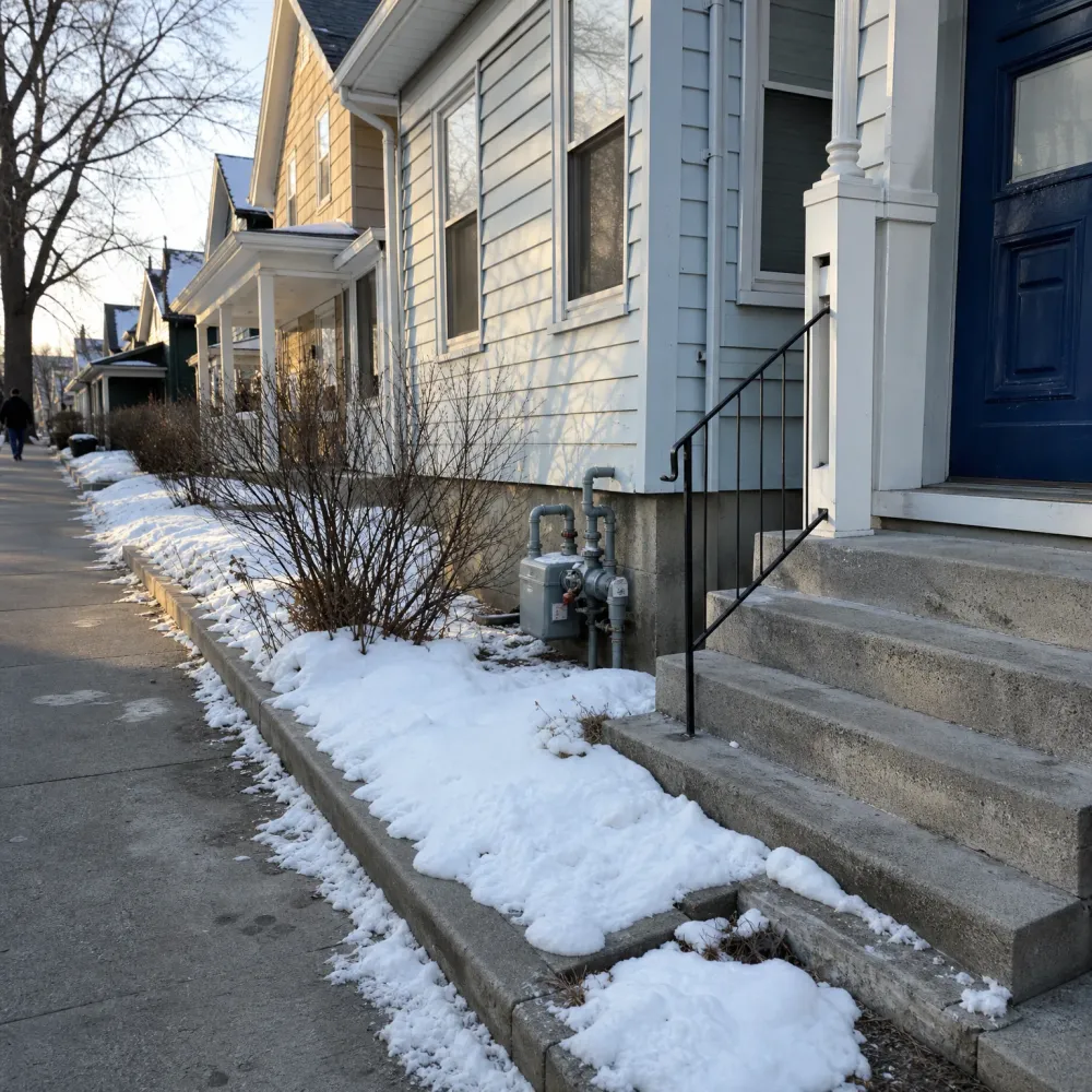 A sidewalk beside a pale blue clapboard house with concrete front steps, a black metal handrail, a gas meter, bare shrubs, and melting snow along the strip, with a distant person walking on the sidewalk.
