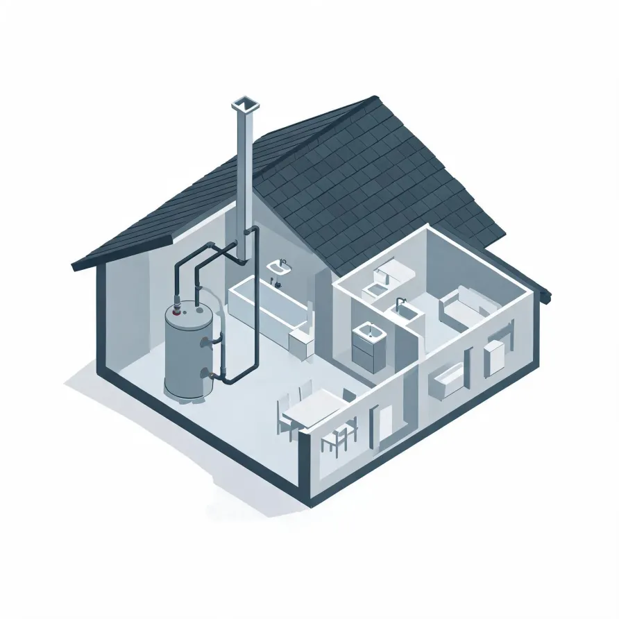 Isometric cutaway illustration of a small house showing interior rooms with furniture, a cylindrical water heater with connected pipes, and a flue rising through the dark shingled roof.