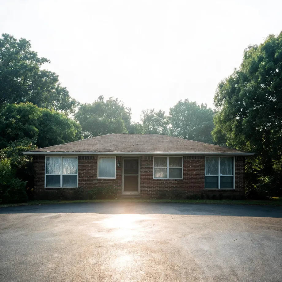 A single-story brick ranch house with a shingled hip roof, central screen door and multiple windows, fronted by a wide empty paved area, with leafy trees behind it and bright sun flare in the sky.