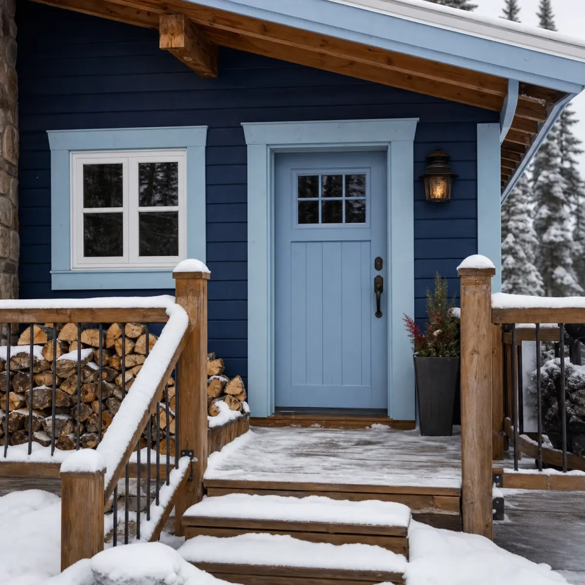A navy blue wood-sided house with a light blue front door and white-trimmed window, fronted by a snow-covered wooden deck, steps, railings, stacked firewood, a potted shrub, and a wall lantern, with conifers behind.