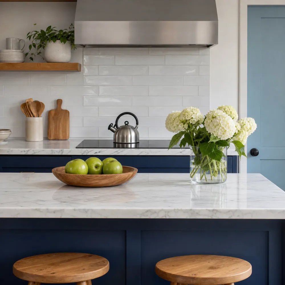 Kitchen with navy blue cabinets, white marble countertops, white subway tile backsplash, stainless steel range hood and kettle, a wooden bowl of green apples, a glass vase of white hydrangeas, and two wooden stools at the island.