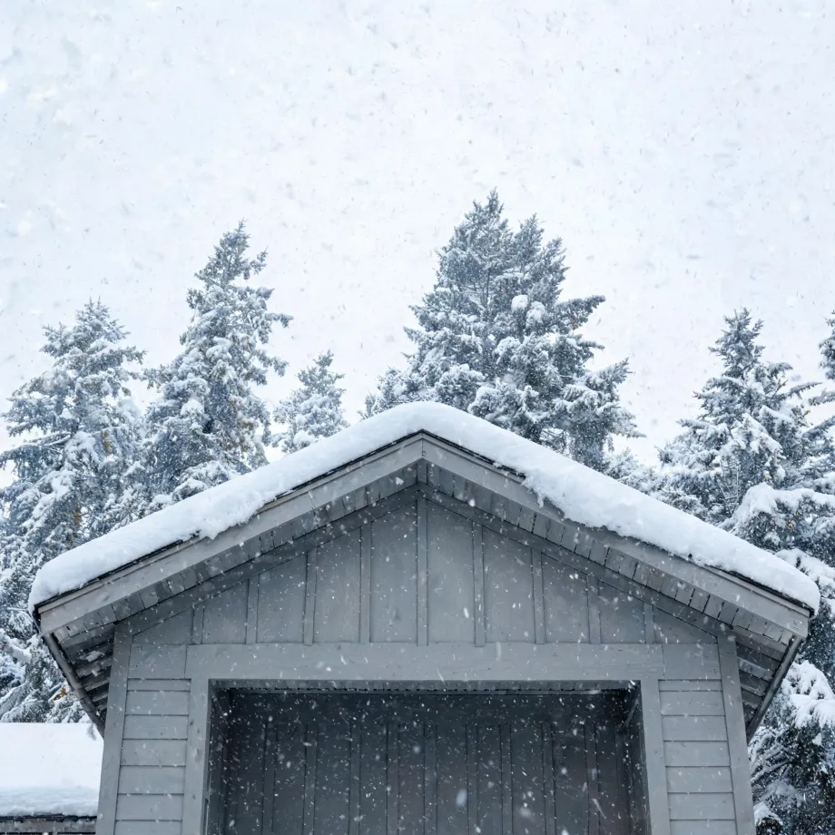 Gable end of a gray wood-clad building with a snow-covered roof and open doorway, backed by snow-laden conifers during falling snow.