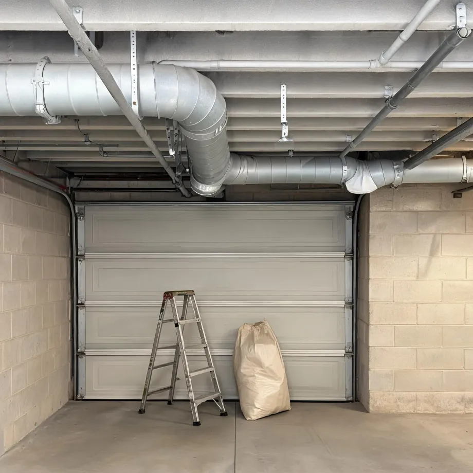 Interior of a garage with a closed white sectional door, concrete block walls, exposed metal ductwork and pipes on the ceiling, an aluminum step ladder and a large tan sack on the floor.