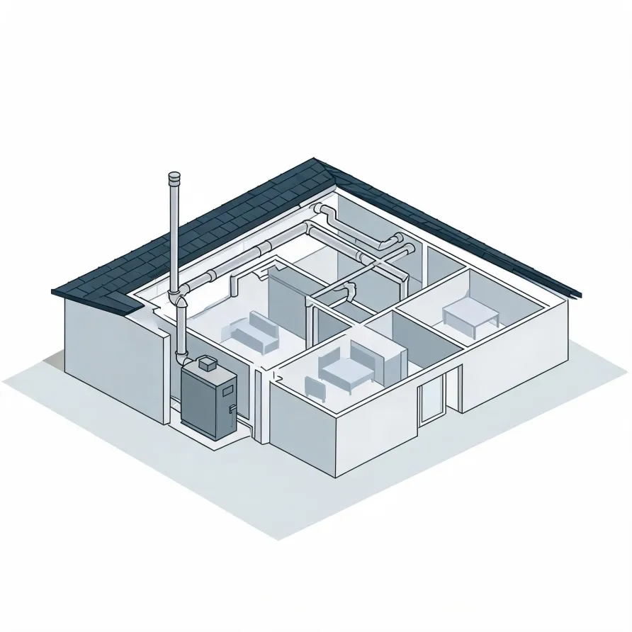 Isometric line illustration of a cutaway single-story house showing interior rooms with furniture, ceiling ductwork, and an exterior furnace unit with a tall flue pipe.