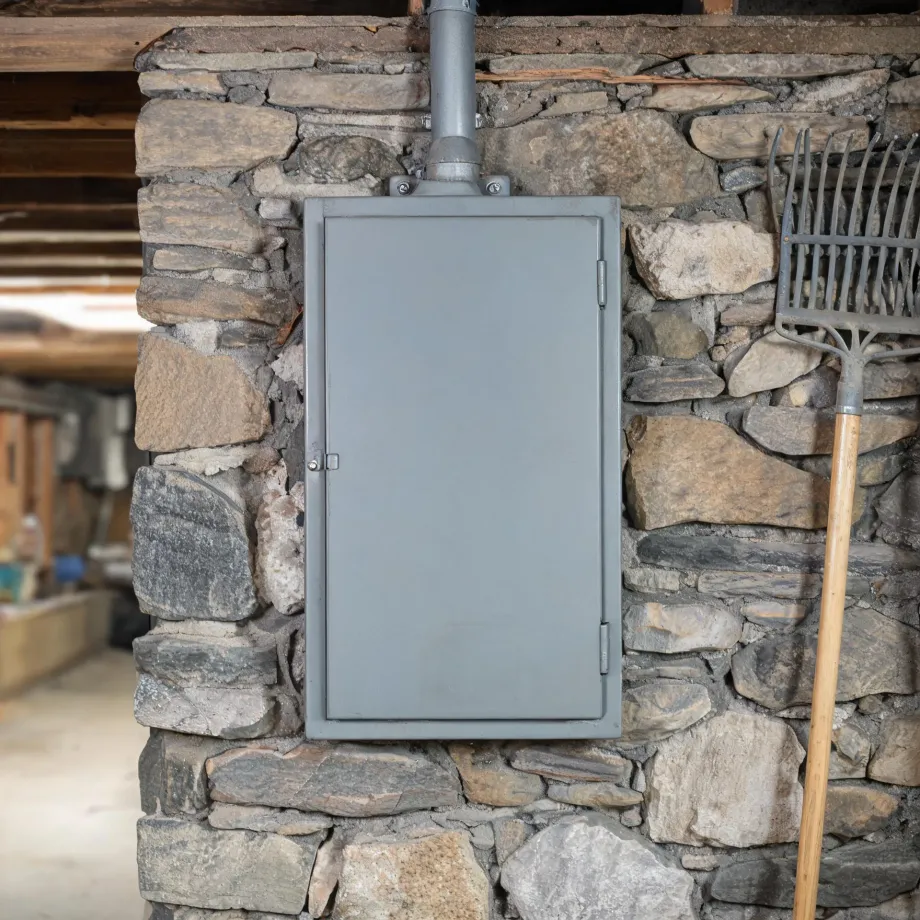 A gray metal electrical panel box with a closed door mounted on a dry-stacked stone wall, with conduit running up to wooden ceiling beams and a pitchfork leaning at right.