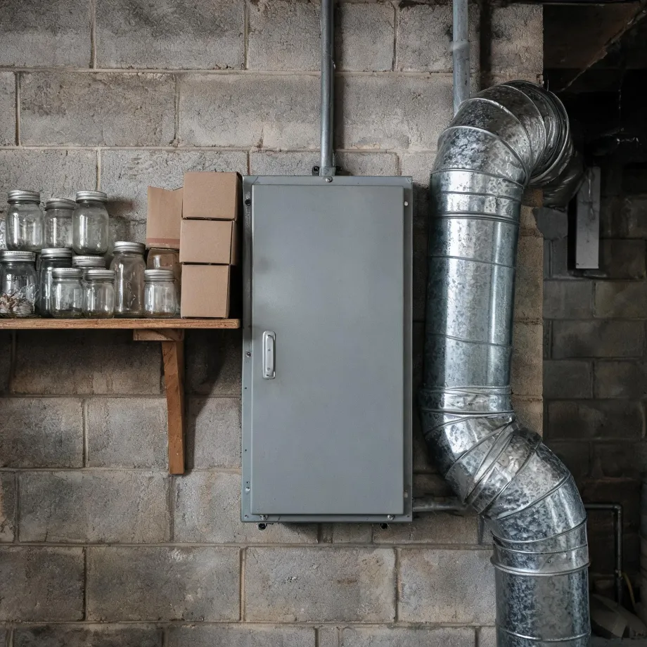 A gray metal electrical panel box mounted on a concrete block wall, with galvanized metal ductwork curving down the right side and a wooden shelf holding glass canning jars and cardboard boxes on the left.