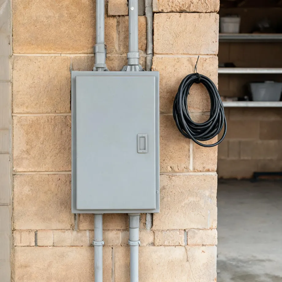 A gray metal electrical panel box with conduit pipes running above and below is mounted on a tan block wall, with a coiled black cable hanging beside it and shelving visible in the background.