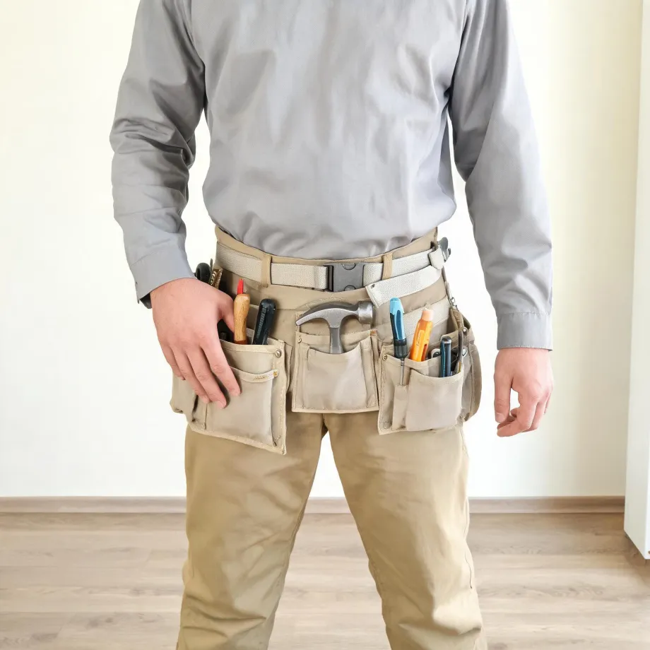 Cropped view of a person in a grey shirt and tan trousers wearing a canvas tool belt containing a hammer, screwdrivers and markers, standing indoors on a wood-look floor before a plain pale wall.