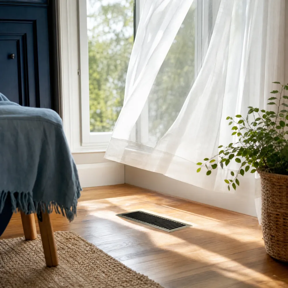 A metal floor vent set into a hardwood floor near a window with a sheer white curtain, with a potted plant in a woven basket, a jute rug, and a blue throw over a wooden-legged stool.