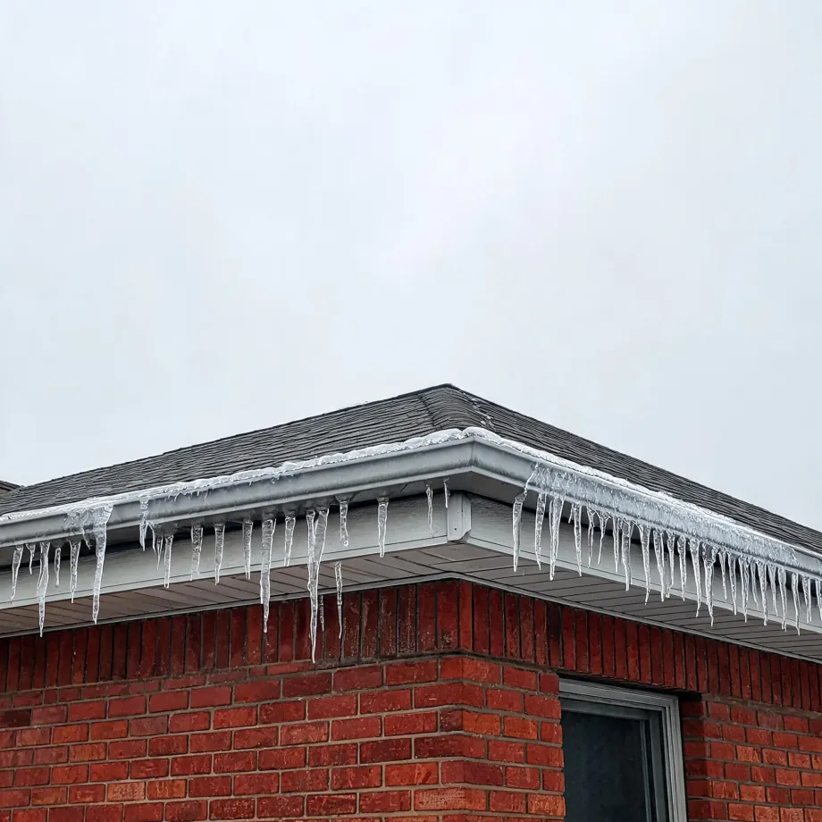 Corner of a red brick house with a shingled roof, showing icicles hanging from the gutter and soffit against an overcast white sky.
