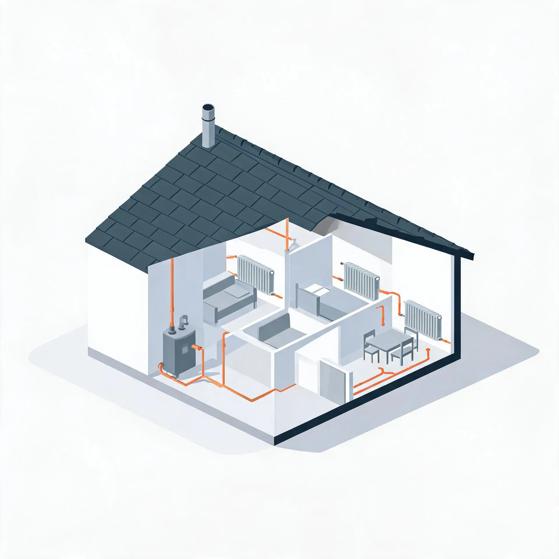 Isometric cutaway illustration of a single-storey house with a dark tiled roof and flue, showing a boiler connected by orange pipes to radiators in furnished rooms.