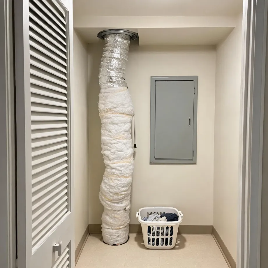 A small interior closet with a large insulation-wrapped flexible duct running from floor to ceiling, a gray metal access panel on the wall, a white laundry basket with clothes, and a louvered door in the foreground.
