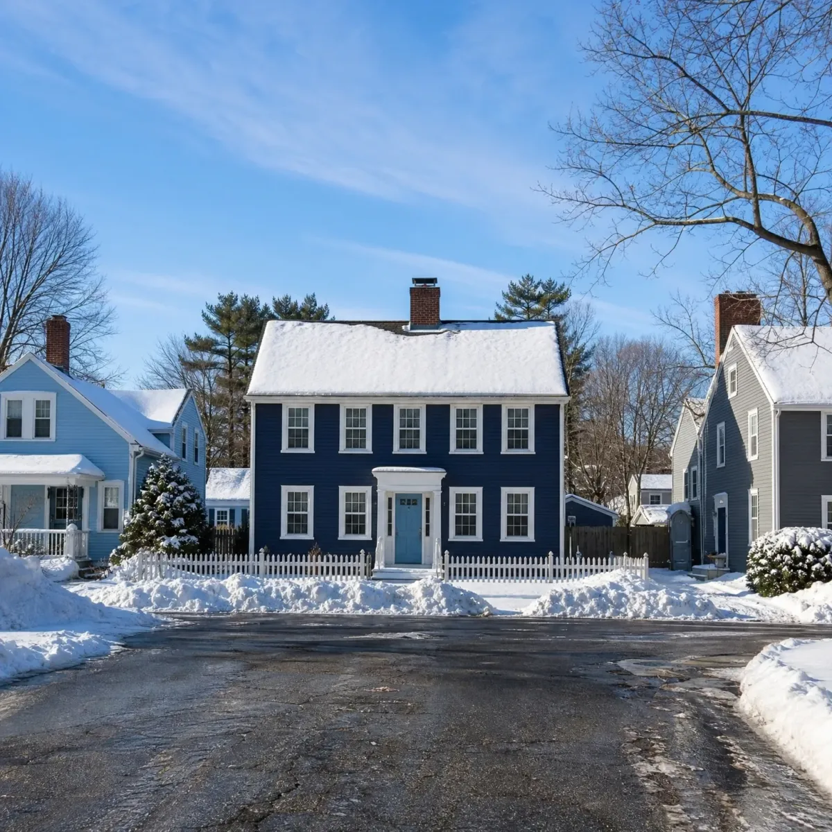 A two-story navy blue clapboard house with a snow-covered roof, brick chimney and white picket fence, flanked by light blue and gray houses, with plowed snowbanks along a wet asphalt street.