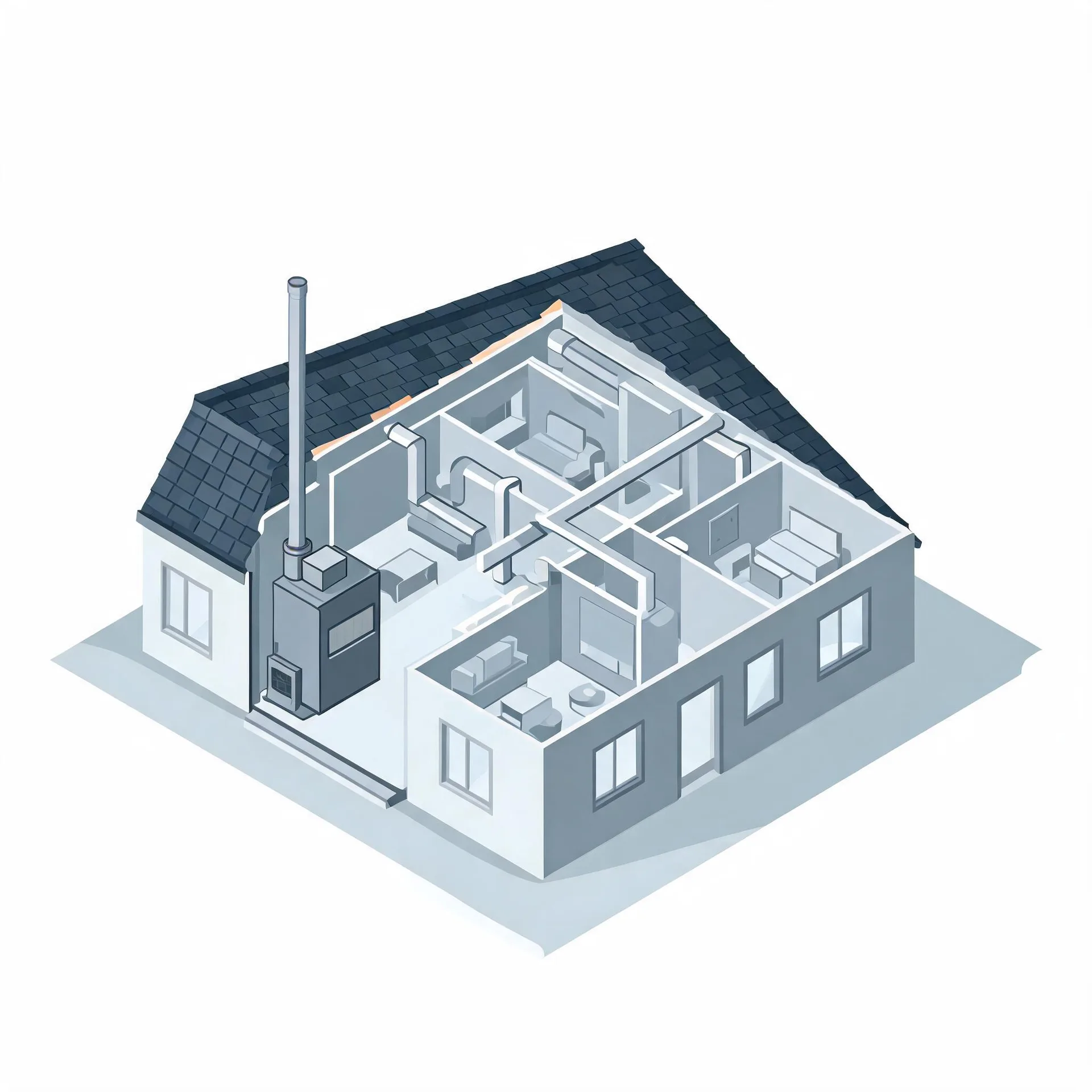 Isometric cutaway illustration of a single-story house showing interior rooms, ductwork, and a dark furnace unit with a tall flue pipe rising past the shingled roof.