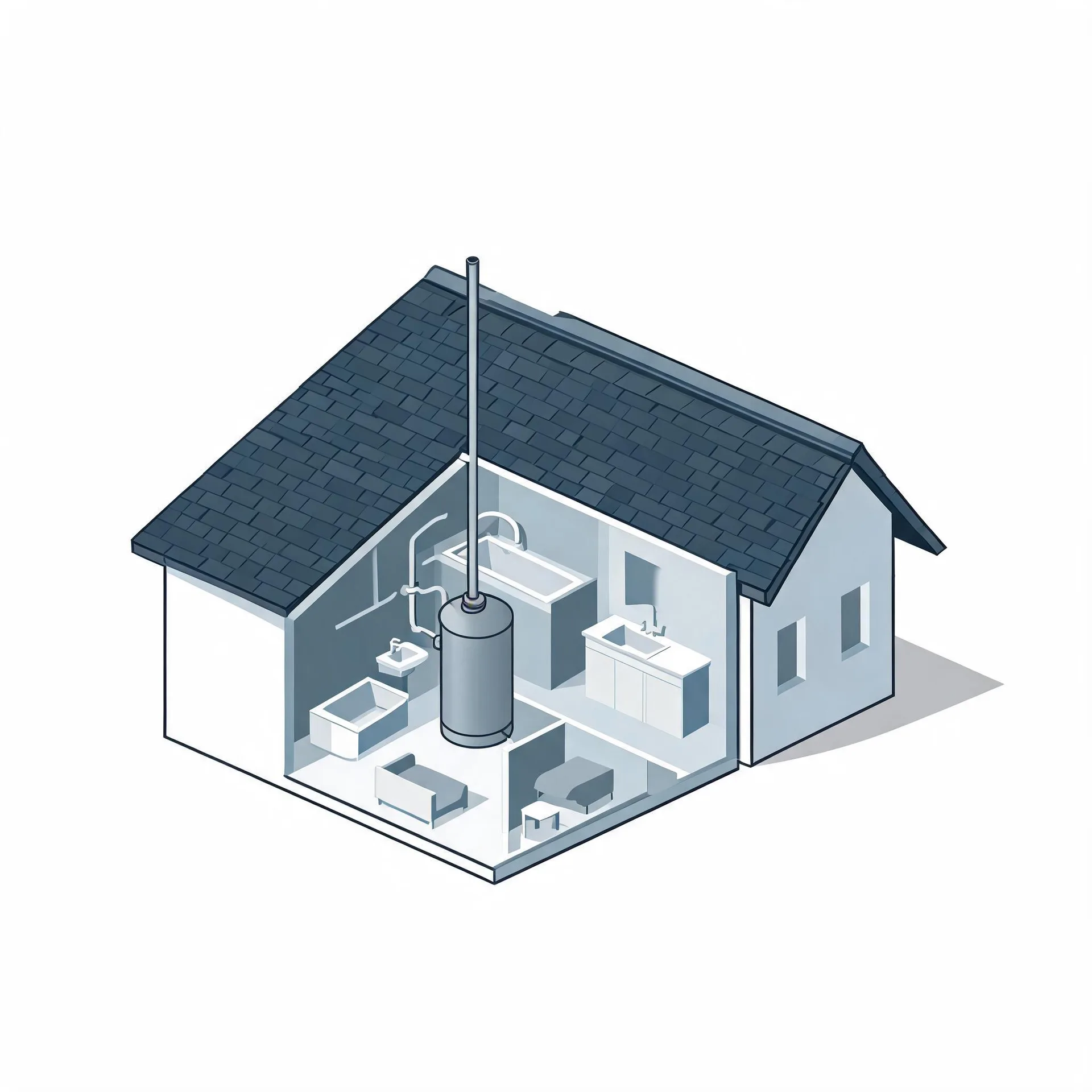 Isometric cutaway illustration of a small house with a dark shingled roof, showing interior rooms with a bathtub, sinks, furniture, and a cylindrical water heater with a tall vent pipe extending through the roof.