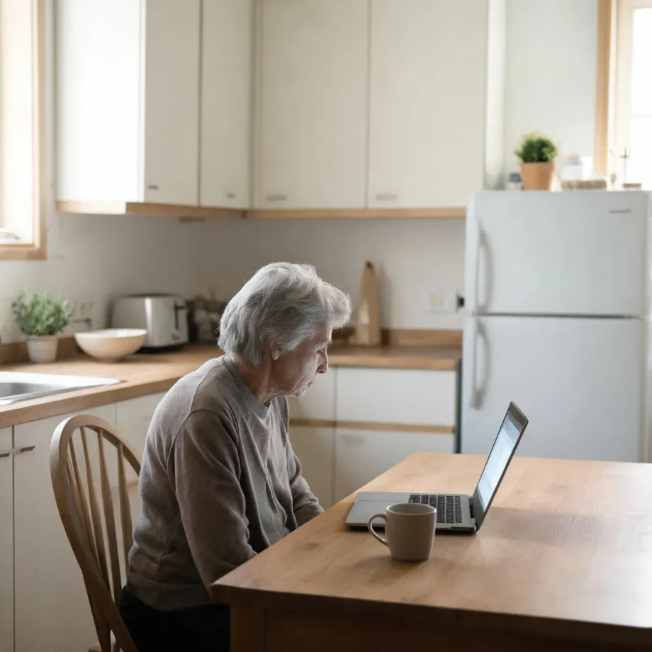 An older woman with gray hair in a beige sweater sits at a wooden kitchen table looking at an open laptop, with a mug beside it and white cabinets, a toaster, and a refrigerator in the background.