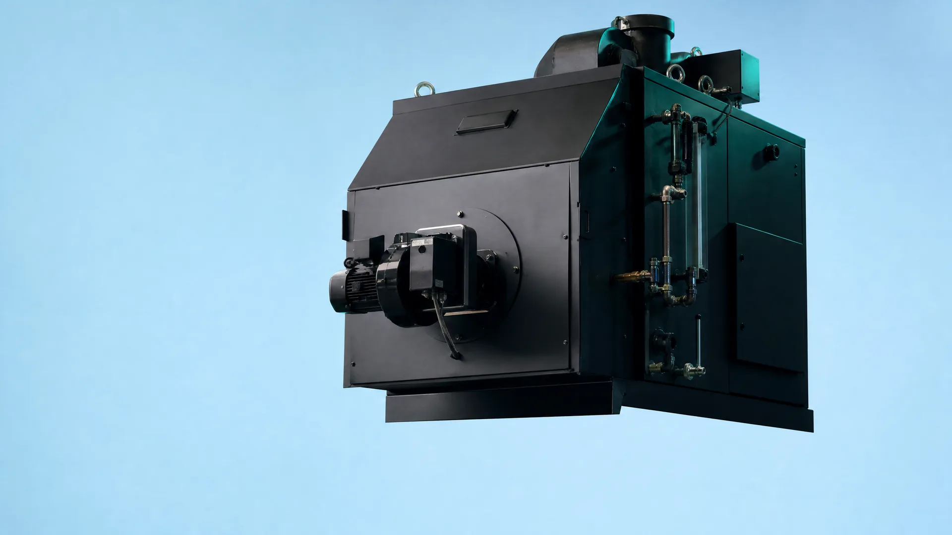 A dark industrial boiler unit with a burner, motor, piping and gauge assembly, shown floating against a plain light blue background.