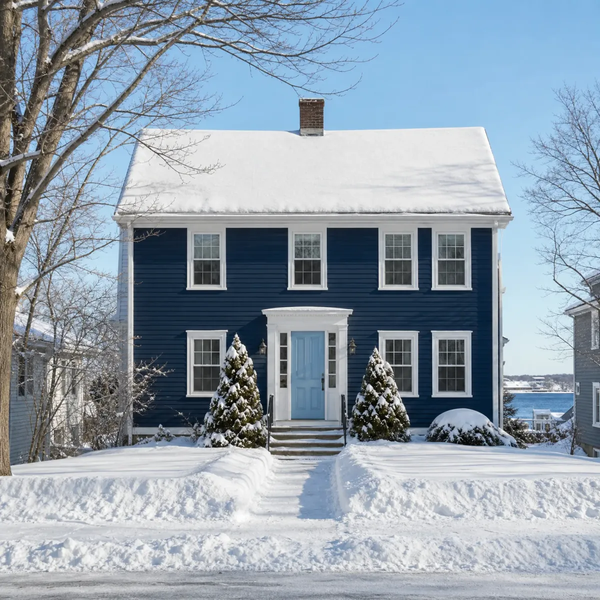 A two-story navy blue clapboard house with white trim, a snow-covered roof and brick chimney, flanked by bare trees and small evergreen shrubs, with deep snow covering the front yard and a cleared path to the front steps.