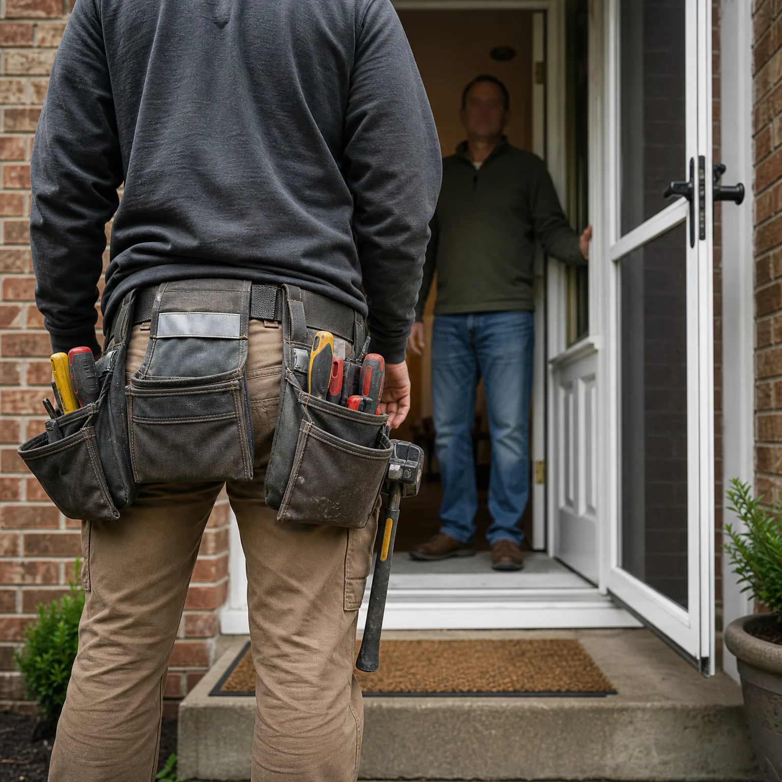 A person in a gray sweatshirt wearing a loaded tool belt stands with their back to the camera at a brick house entrance, facing a man standing in the open doorway behind a glass storm door.