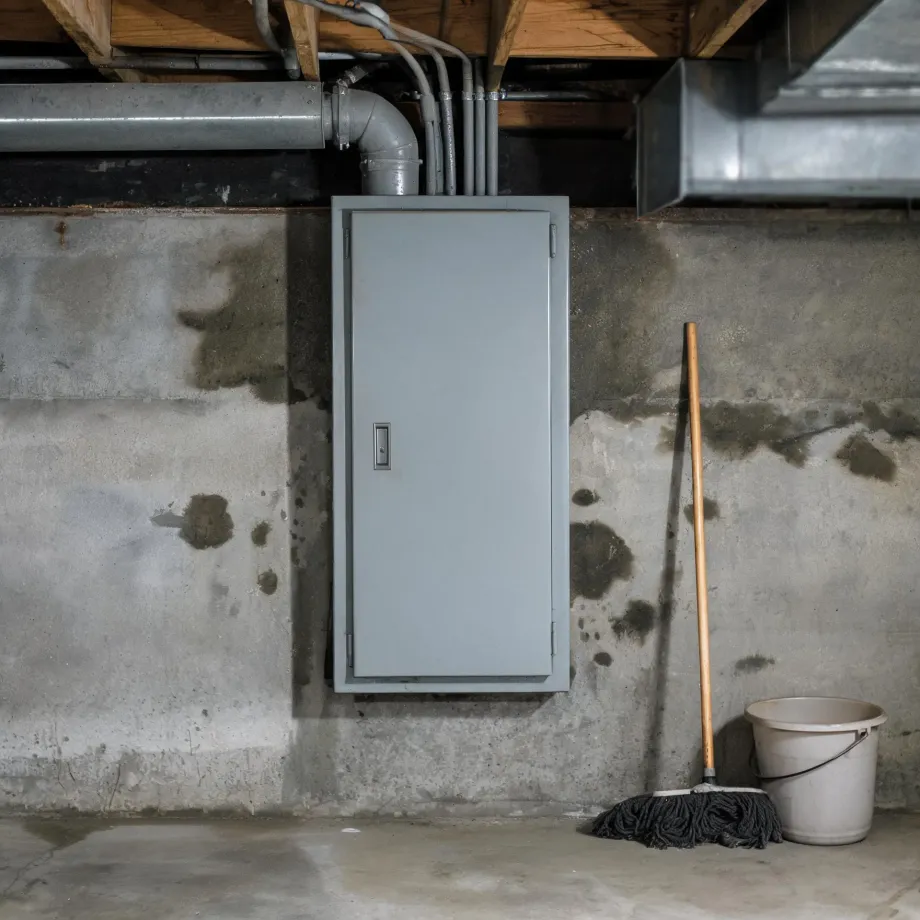 A gray metal electrical panel cabinet mounted on a stained concrete basement wall, with exposed ducting, pipes and wood joists overhead and a mop leaning beside a plastic bucket on the floor.