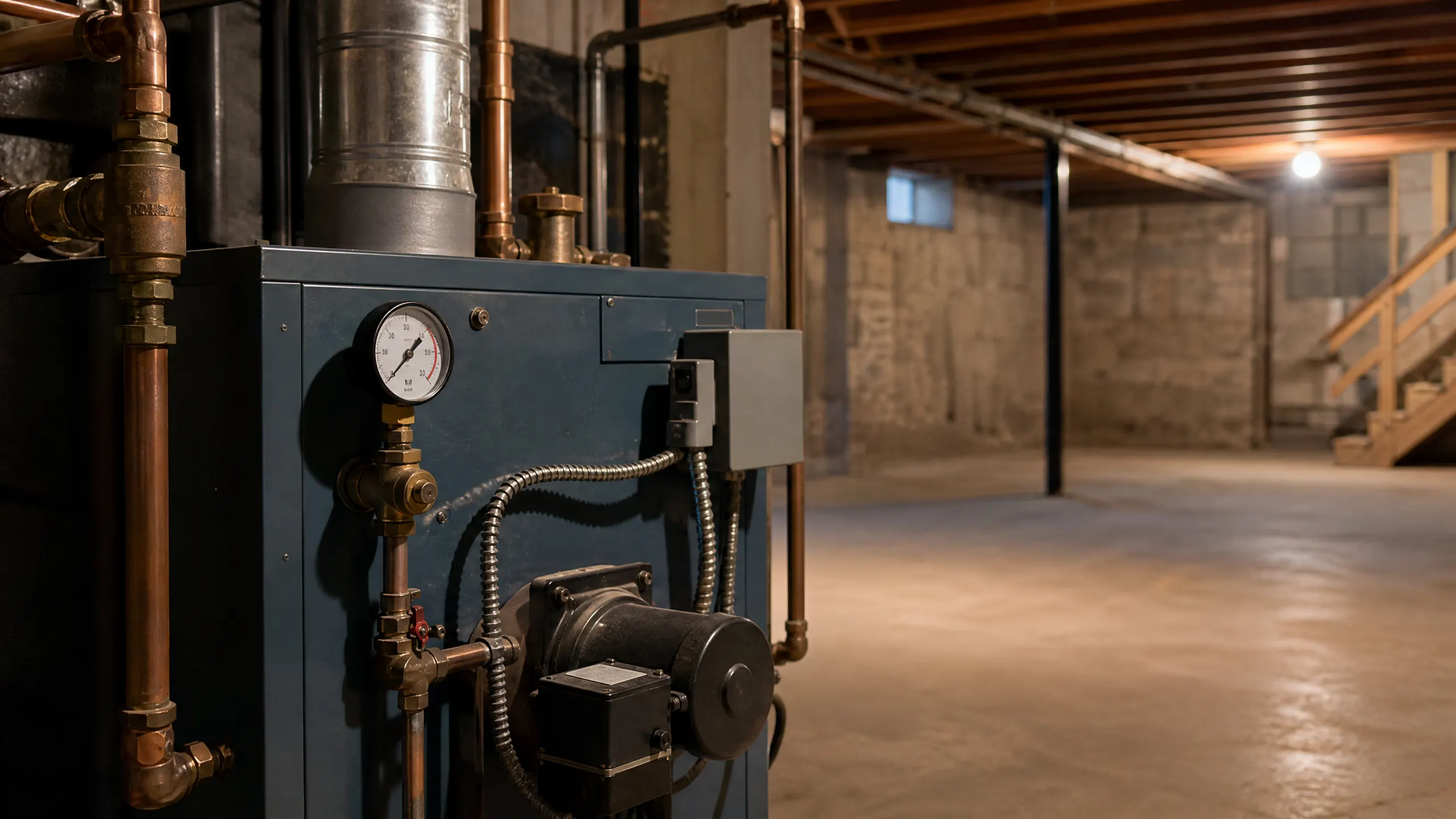 A blue steel boiler with copper pipes and a pressure gauge mounted in an unfinished basement with stone walls and wooden stairs.