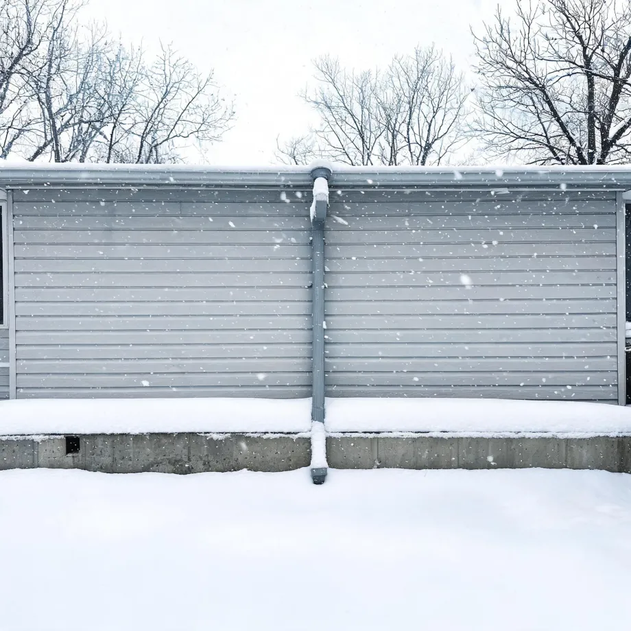 Snow falls in front of a gray horizontal-sided building wall with a central downspout, a snow-covered concrete foundation, and bare trees above the roofline.