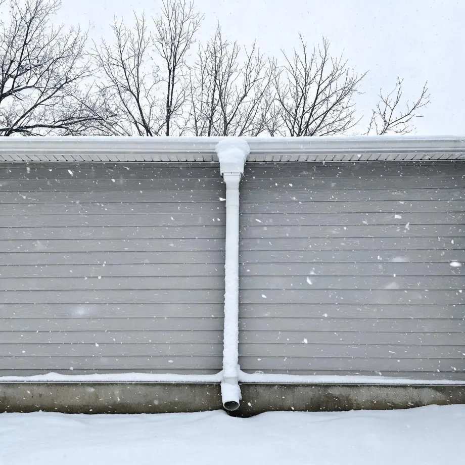 Exterior wall of a building with gray horizontal siding, a white gutter and downspout coated in snow, a concrete foundation, bare trees above the roofline, and falling snow.