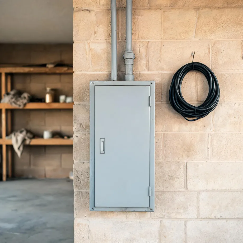 A gray metal electrical panel with conduit pipes mounted on a tan concrete block wall, with a coiled black cable hanging on a hook to the right and wooden shelving in a dim room at left.