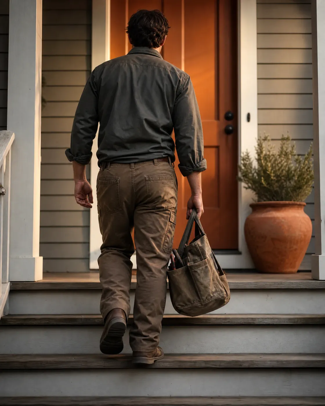 A man in a dark jacket and brown work pants, seen from behind, climbs wooden porch steps toward an orange door while carrying a canvas tool bag, with a potted shrub in a terracotta urn to the right.