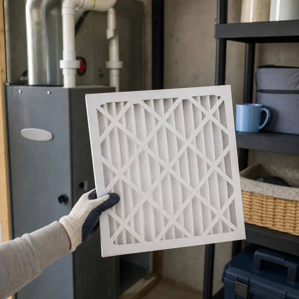 A gloved hand holds a clean pleated air filter in front of a furnace, with shelving holding a mug, basket, and toolbox to the right.
