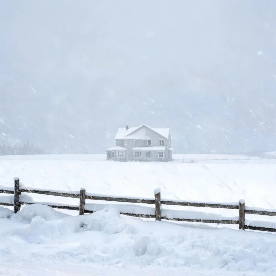 A two-story house with a gabled roof stands in a snow-covered open field during heavy falling snow, with a weathered wooden post-and-rail fence partly buried in snowdrifts in the foreground.
