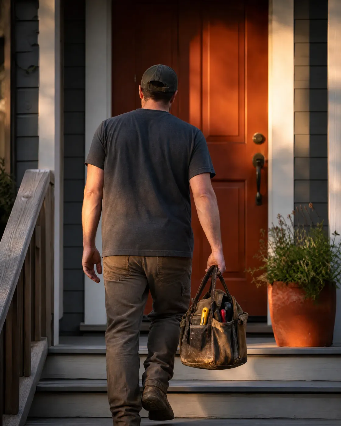 A man in a cap, dark T-shirt and work pants carries a worn canvas tool bag up wooden porch steps toward a red front door.