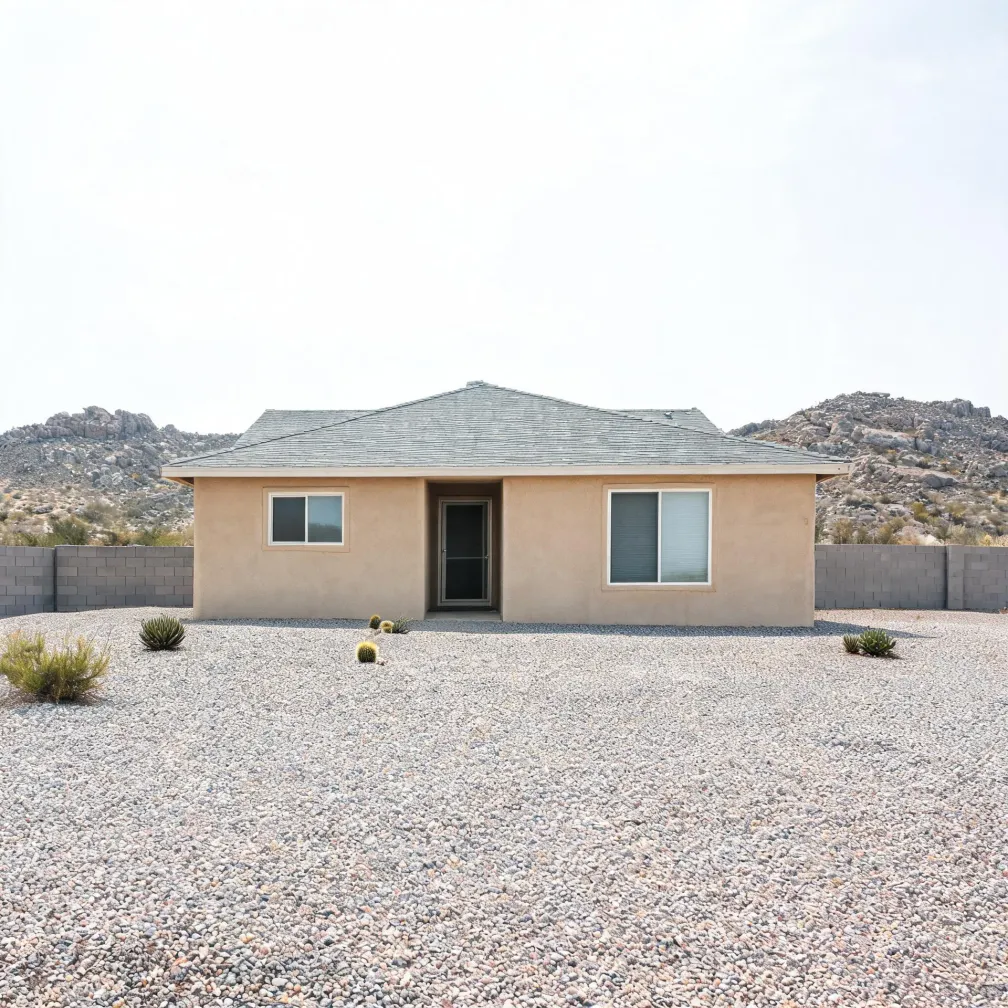 A single-story tan stucco house with a gray shingled hip roof, two windows and a central door, set behind a gravel yard with small cacti and shrubs, with a concrete block wall and rocky hills behind it.