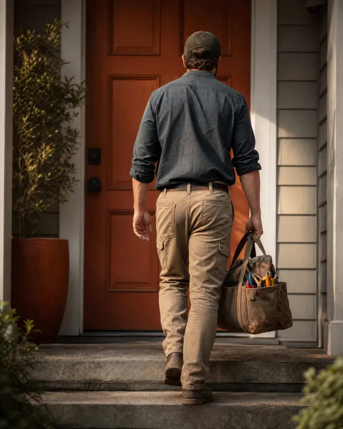 A man in a cap, dark shirt and tan work pants walks up concrete steps toward a red front door, carrying a canvas tool bag with tools in its side pocket.