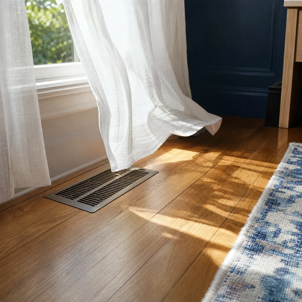 A metal floor vent set into hardwood flooring beside a window with sheer white curtains, with sunlight and leaf shadows on the floor and a blue-and-cream patterned rug at right.